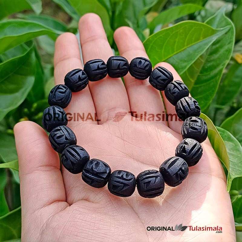 Shyama Tulsi Bracelet in Radha Name Carving 14mm Beads in Black Color 20 centimeters Length with Elastic Strong Thread