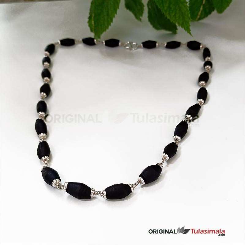 Pure Silver with Original Tulasi Mridangam Shape Beads Black 6mm Thick for Men& Women- 24 Inches Length