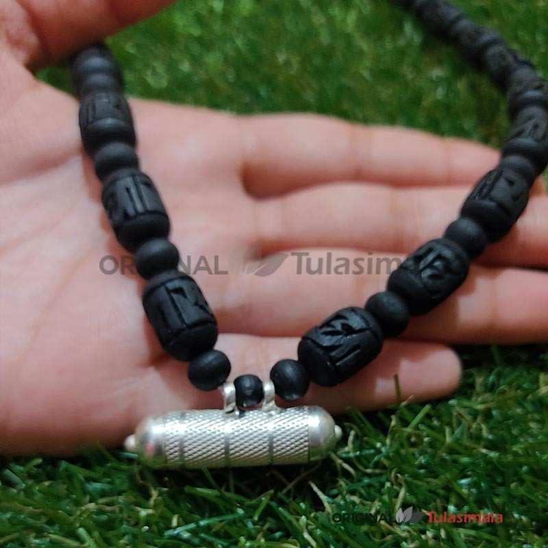 Tulasi Radha Name Carving 8mm Beads with Pure Silver Kavach Mala