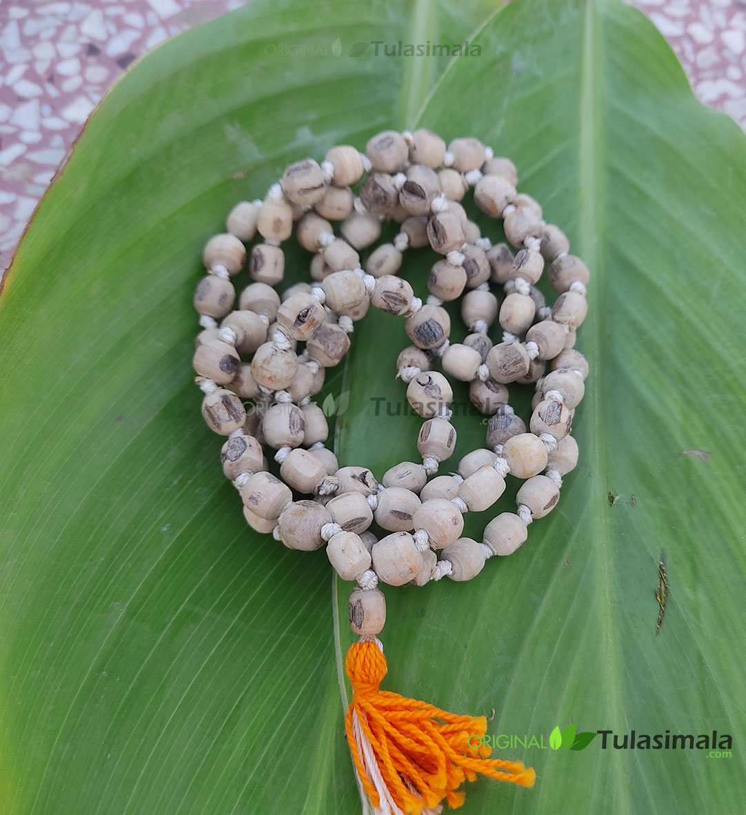 Original Tulasi Raw Japa Mala 108+1 Beads with Orange Tassel