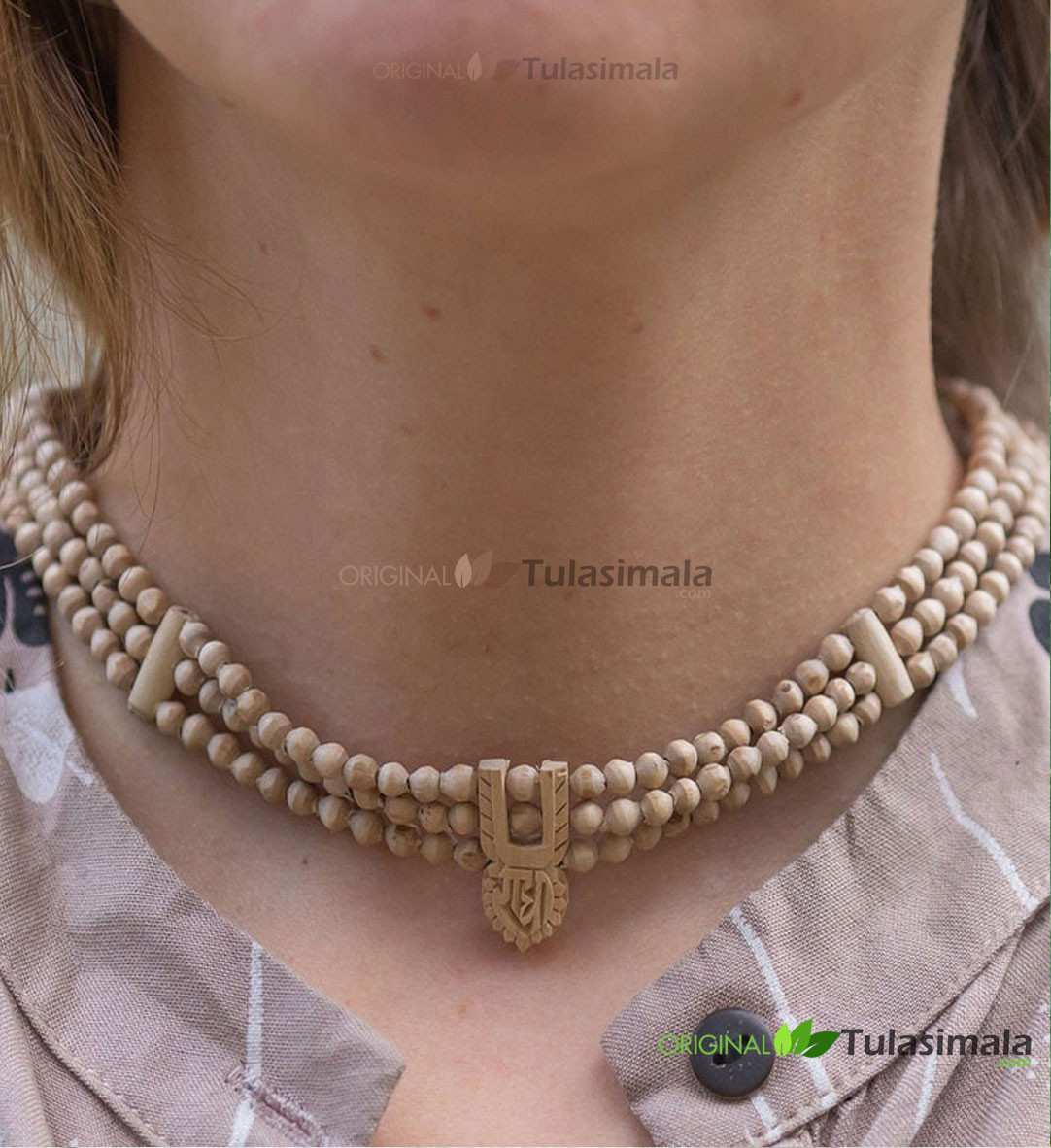 Row Tilak Design Radha Carved Beautiful Tulsi Necklace