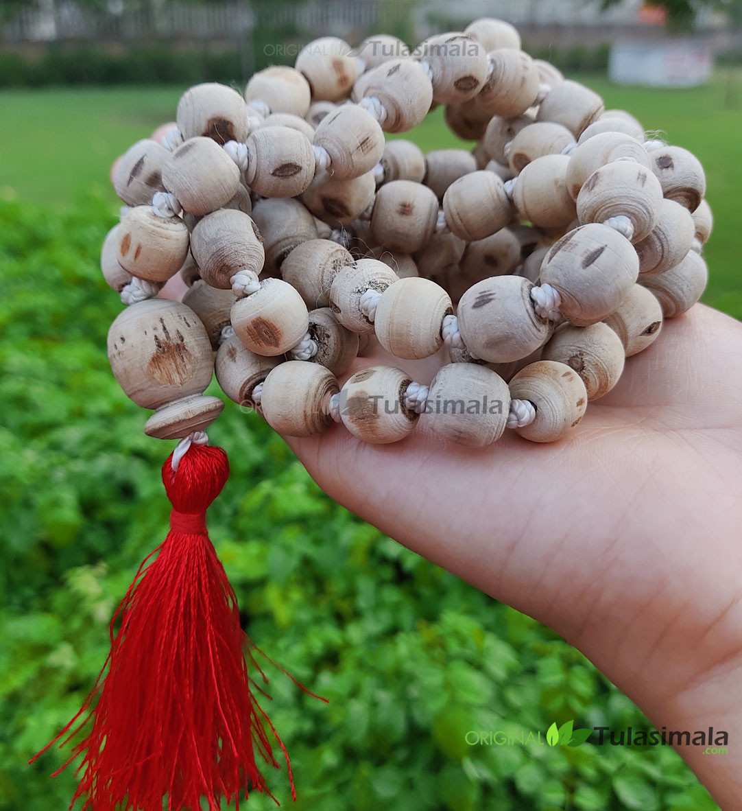 108 Beads 14mm Bead Size Tulsi Japa Mala with Red Tassel Actual Japa Mala Picture  Shown