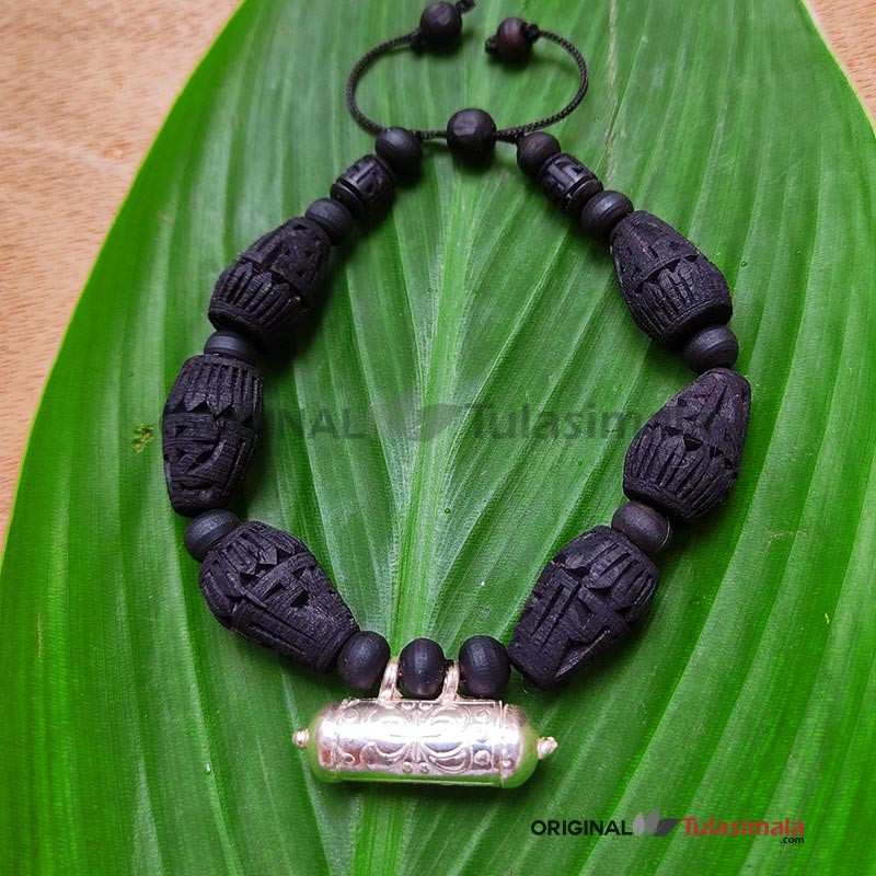 Mridangam black beads pure Silver narasimha kavach bracelet with adjustable thread 14mm original tulsi beads black color 7.5 inches bracelet total length
