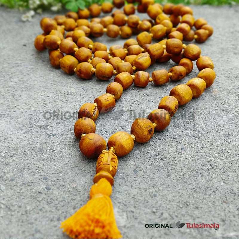 Golden 108 Beads Tulsi Japa Mala with Yellow Tassel 20mm Bead Size 108 Inches Full Length