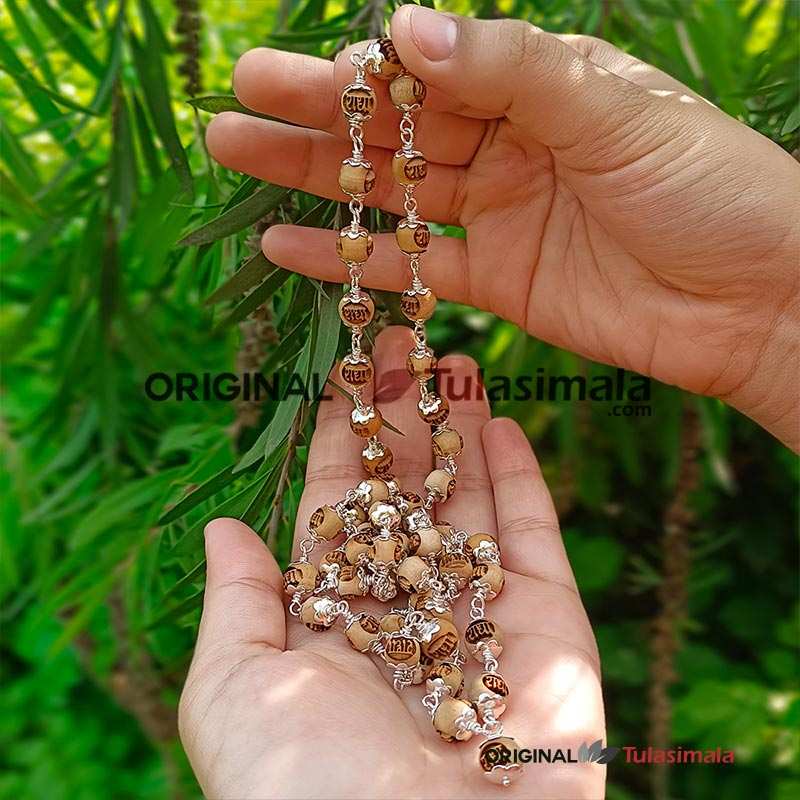 54+1 Beads Shri Radha Name Design Original Tulsi Japa Mala in Pure Silver 8mm Size and 84 Centimeter Length Mala, For God Statue tulsi Mala, Japa Meditation Tulsi Mala, and Neck Silver Tulsi Mala