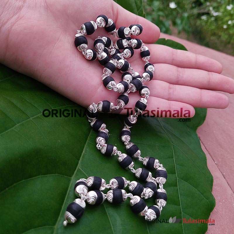 54+1 Beads Original Tulsi Beads Mala Black Color in Round Shape with 8mm Size Pure Silver Caps