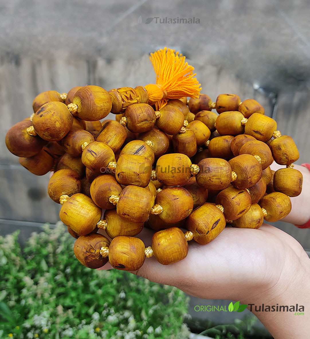 Yellow Colour 108 Beads Tulsi Japa Mala 18mm Beads with Radha Carved Guru Bead